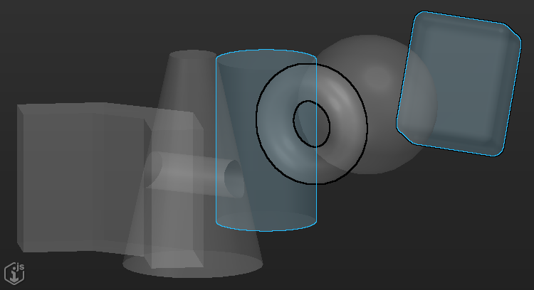 Cylinder is hilited, Torus is emphasized, and Block is both hilited and emphasized
