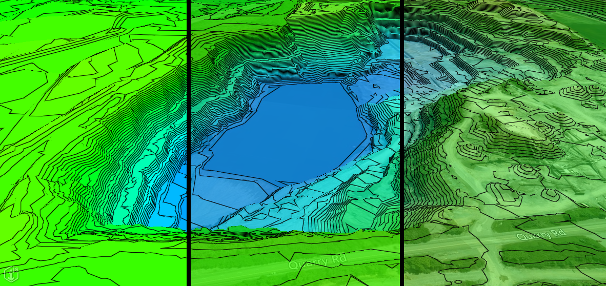thematic rendering of background map terrain with colorMix set to 0.0, 0.33, and 0.67